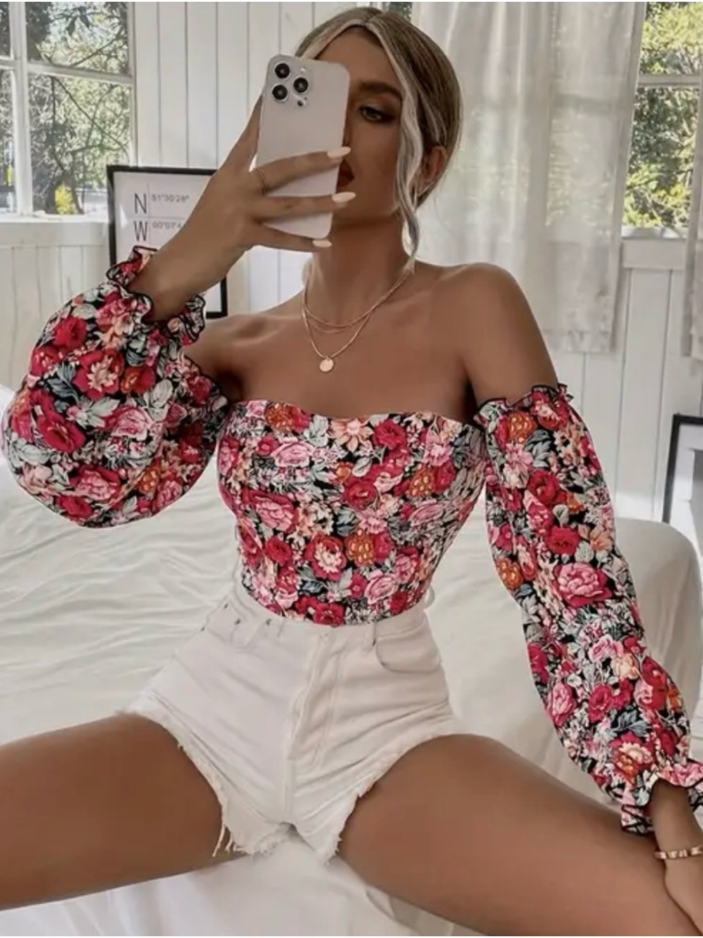 Shein Off-Shoulder Floral Puff Sleeve Top - Pink Floral